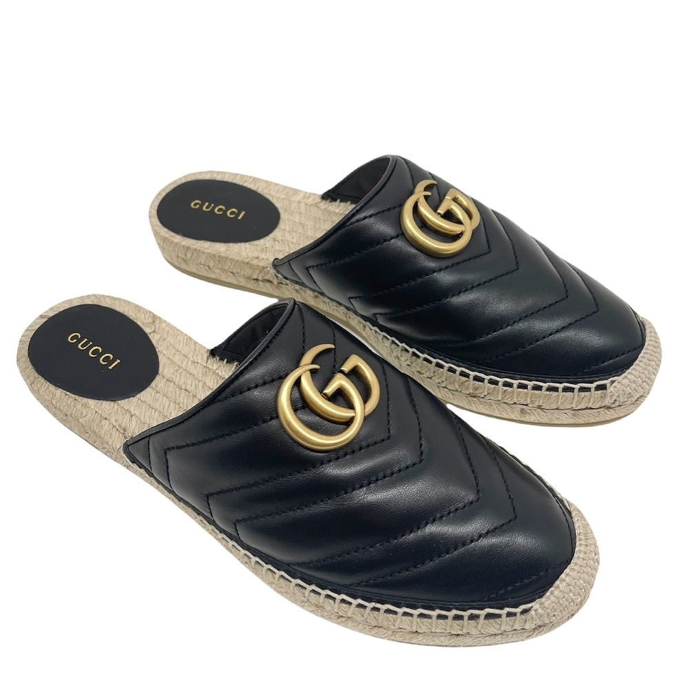 Gucci Black Leather Quilted Espadrille Slide Sandals with Gold Double G